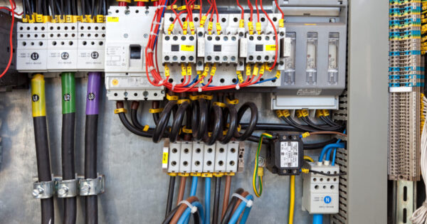 Electrical panel at a assembly line factory. Controls and switches.